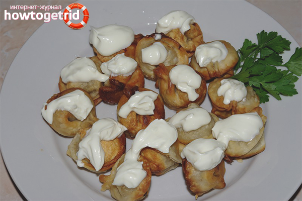 Fried dumplings with sour cream and onions